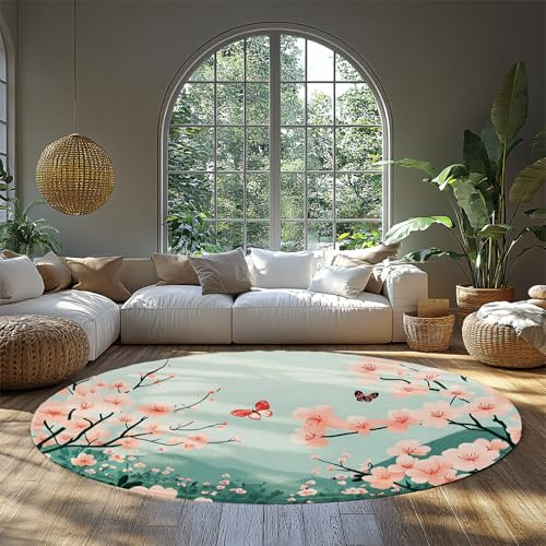 WEECHAINGE Alfombra Redonda de Flor Sakura tapete Cerezo Rosa con Mariposas Primavera Impresión Naturaleza Lavable para Dormitorio Guardería Sala Estar Oficina 180cm