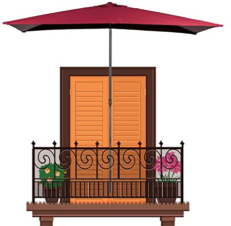 Parasol de terrasse réglable en hauteur pour petits appartements, balcons, jardins, 250 x 130 cm, auvent rouge, poteau en acier de 34 mm avec base, pare-soleil parfait pour les espaces extérieurs