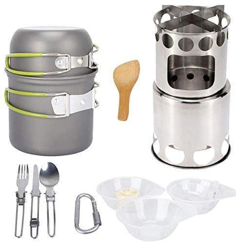 13-teiliges Camping-Kochgeschirr-Set, tragbar, zusammenklappbar, Holzofen, Schüsseln, Löffel, Schneider, Geschirr, Kochen mit Aufbewahrungstasche, für Rucksackreisen, Picknick, Wandern, Angeln, Jagd