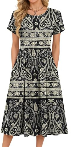 MOLERANI Vestido Midi de Verano para Mujer Vestido Bohemio de Playa Vestido Amplio y Acampanado Vestido Midi Informal con Bolsillos Estampado Floral Boho Negro XL