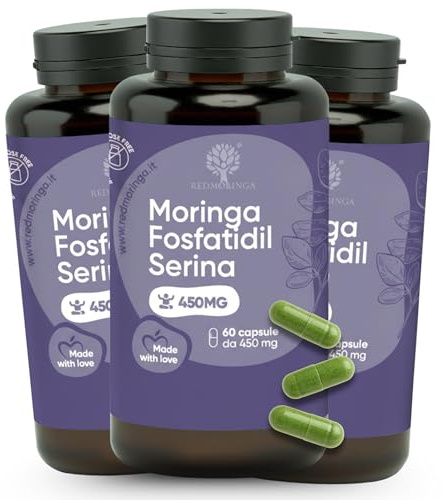 Fosfatidilserina 450 mg + Moringa | Reducción de Cortisol, Estrés y Fatiga | Memoria, Concentración y Metabolismo | Complemento Natural | 180 Cápsulas | Fabricado en Italia | RedMoringa