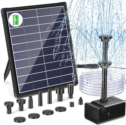 Biling Fuente solar de 6 W para exterior con batería, 10 estilos de fuente y con batería de 3000 mAh para exteriores, estanques de jardín, baño de pájaros, flotante, con tubería de agua, para