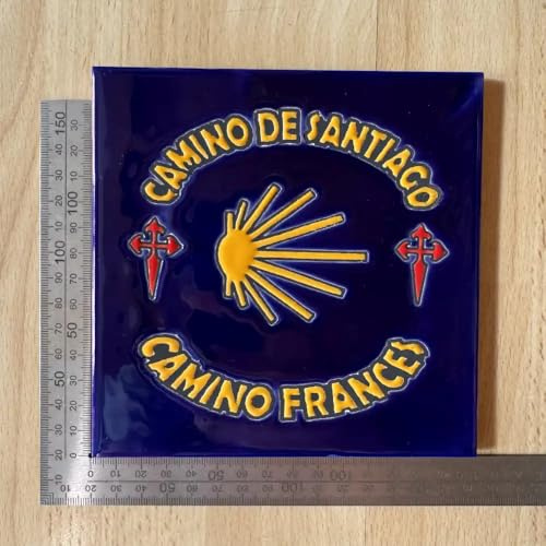 Piastrella in ceramica Camino Francés & Santiago, in vera ceramica, 15 x 15 cm, souvenir con croce Santiago