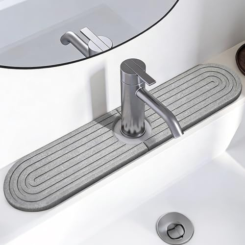 Stone Drying Mat Kitchen Stone Faucet Mat for Kitchen Sink Super Absorbent Diatomite Sink Splash Guard Quick Dry Sink Mat Protector for Counter Kitchen Bathroom (45x10cm, Light Gray)
