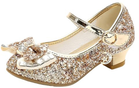 Prinsessskor flickor – klackskor glitter skor flickor balettskor Mary Jane-skor med rosett klädskor justerbart spänne bröllopsskor bekväma kvällsskor festskor, Guld8, 25 EU