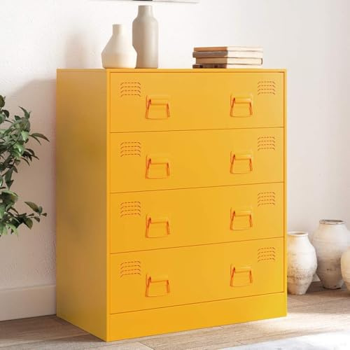 WHOPBXGAD Modern Sideboard Cabinet with 4 Drawers, Mustard Yellow Steel Storage Unit for Living Room & Office, 67x39x83 cm, Durable Cold Rolled Steel Frame, Easy Assembly