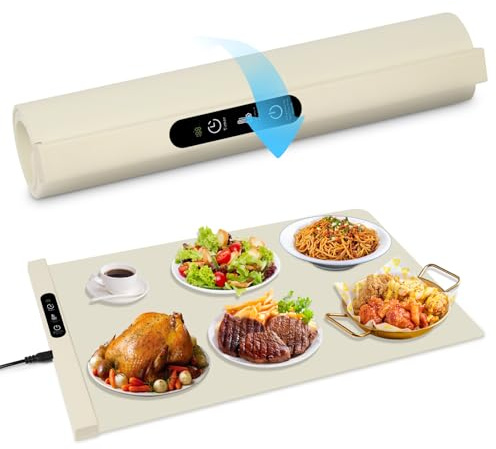 Vicloon Vassoio Riscaldante Elettrico, Scaldavivande in Silicone, 6 Impostazioni di Temperatura e 6 Timer, Scaldavivande Pieghevole, per Mantenere il Cibo Caldo o Scongelarlo, 61 x 38.5cm(Caffelatte)