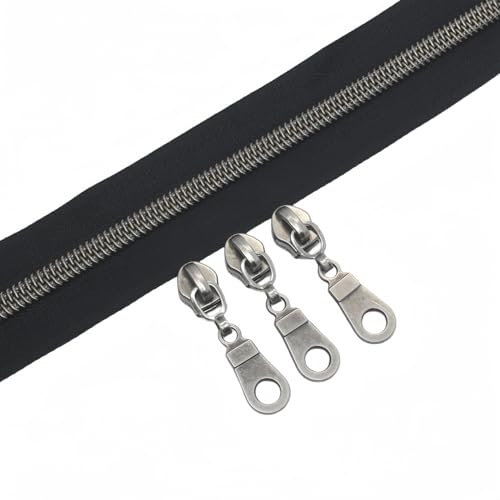 YaHoGa 9 m Altsilber endlos Reißverschluss Meterware Schwarze Reissverschluss 6mm-Spirale + 25 Nonlock-Zipper (Altsilber Schwarze)