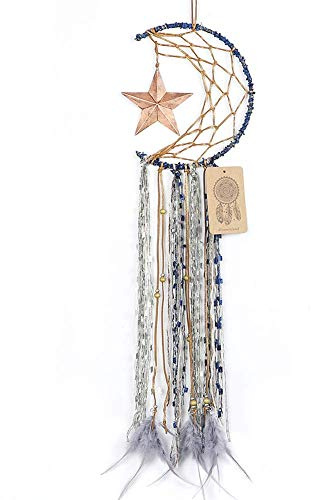Dremisland Blue Dream Catcher Handmade Half Circle Moon Design Dream Catcher Feather Hanging with Star Home Decoration Ornament Festival Gift (Moon& Star)