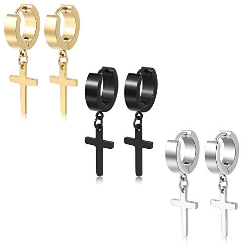 TXPFF 3 Pairs of Cross Earrings Dangle Hinged Men Earrings Stainless Steel Cross hoop Earrings for Men and Women,Silver,Gold,Black(small）