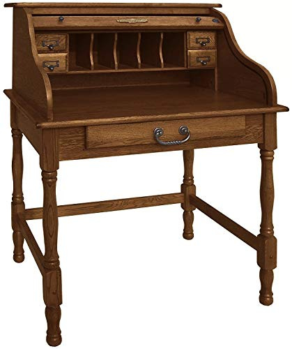 Mini Roll Top Desk Solid Oak Wood 32x24x44 Small Writing or Laptop Desk Burnished Walnut Finish For Home Office, Kitchen, Bedroom, Living Room, Den Great Bill Paying