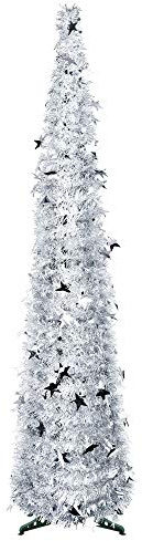 FINGOOO 5ft/1.5m Collapsible Christmas Tree Silver Tinsel Pop Up Coastal Christmas Tree for Holiday Xmas Decorations, Home Display, Office Decor