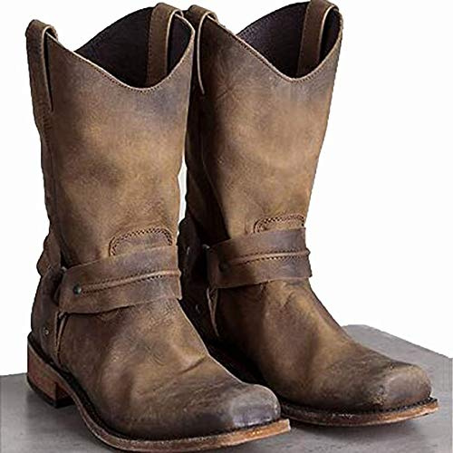 MWbetsy Les Hommes de l'Ouest Santiags Vintage tête carrée Chevalier Boot Haut Aide Punk Rock Style Gothique Mi-Mollet Bottes Chasse d'hiver Randonnée Trekking,Marron,43