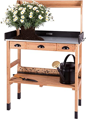 WONDERMAKE® Premium Pflanztisch aus Kirschbaum Holz mit Schubladen wetterfest, Garten-Arbeitstisch XL Outdoor draußen Balkon hochwertig, Gärtnertisch CO2-neutral, dunkel-braun schwarz