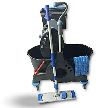 Chariot de nettoyage Giotto black | 2 x 15 litres | Livré avec balai à frange | 2 seaux | Lavage professionnel | Presse à machoires | Accroche balai | 1 seau pivotant porte produit | Kibros CHARGIOT