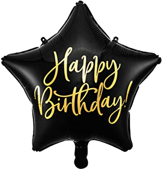 Globo de papel de aluminio Happy Birthday de 40 cm negro con forma de estrella FB93-010 con texto dorado para fiestas de clase, originales y de impacto visual inflable con aire y helio.