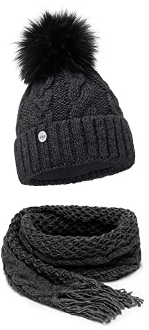 ELIMELI® Winter Mütze Damenmütze mit Fell-Bommel Fleece Innenfutter gefüttert - warme Damen Bommelmütze Strickmütze - Wintermütze mit Kunstfell Bommel - Slouch Strick Beanie Made in EU