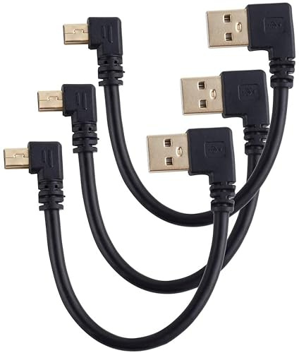 Lot de 3 câbles usb à angle droit vers mini - 12 cm - Plaqué or - Câble court USB 2.0 vers mini USB - Charge et synchronisation des données
