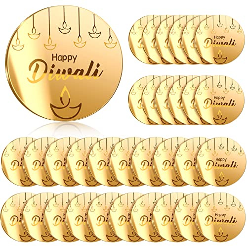 Queekay 32 Pcs Happy Fathers Mothers Day Cupcake Topper Acrylic Mirror Disc Round Cake Engraved Topper Charms for Mom Dad Birthday Party Decor(Gold, Diwali)
