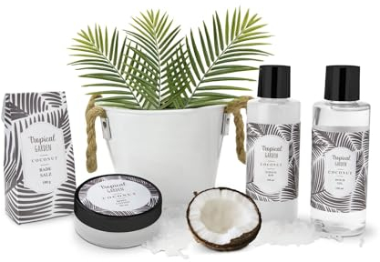 Römer Wellness Geschenkset: Tropical Garden, 5-teilig inkl. Duschgel, Schaumbad, Bodylotion und Badesalz, Kokosnuss, verpackt im praktischen Metalleimer; Maße: ca. 14 x 13 x 18 cm