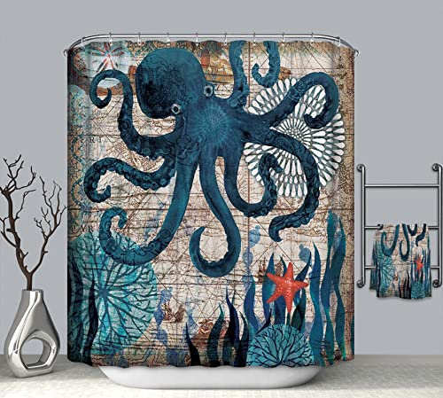 EHOMERY Tenda Doccia Finestra Tenda per Vasca Alga di Polpo Stella Marina Tenda Doccia A Ombrello X Vasca Tende da Vasca Polyester Blu con 12 Anelli di Sospensione, 160X180Cm