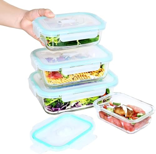 Hcrvvi Glass Containers With Lids Set, BPA - Free, Food Storage, Meal Prep Containers, Glass Storage Containers With Lids 4 Pieces 370ml, 640ml, 1040ml, 1520ml Each, and 1 Cleaning Sponges