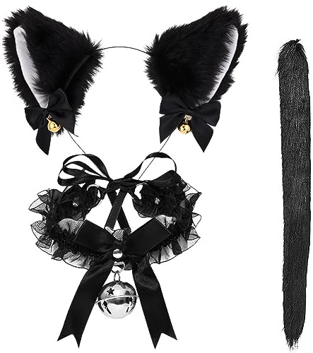 Meleager Bandeau Oreille de Chat, Serre Tete Chat, Collier avec Cloche, Queue de Chat Mignonne, Deguisement Chat, Idéal pour Carnaval Halloween Cosplay