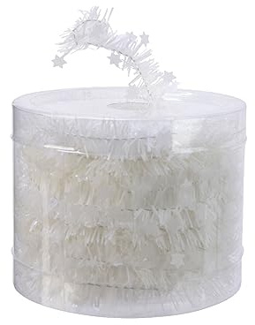Weihnachtsgirlande 7m x 3cm inkl. Sterne - Lametta Girlande - Sternengirlande mit feinem Draht zum Dekorieren und Basteln - Winterweiß