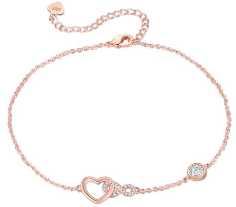 Jbniuay Geschenke für Frauen - Fußkettchen für Damen Roségold - fussketten für frauen 925 Sterling Silber Herz infinity Fußkettchen Längenverstellbar 23 + 5
