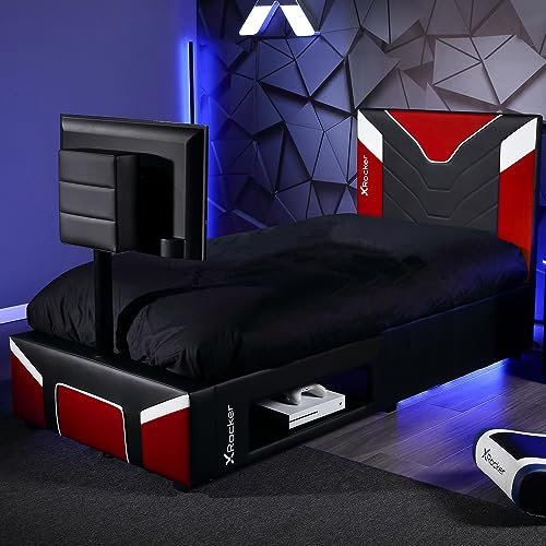 X-Rocker Cerberus Twist 3ft Single, Gaming Upholstered TV Bed Frame - Rotating 32 VESA Mount, Console Storage, Wooden Slats, Wipe-Clean Faux Leather for Kids & Teens - Red - 90x190cm