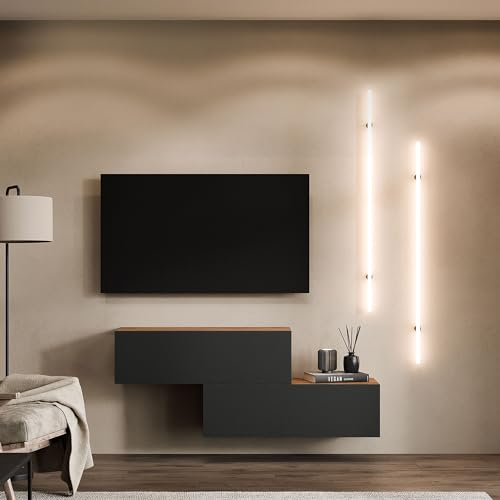 Planetmöbel TV Wohnwand Wohnzimmer 2X 100 cm Gold Eiche/Anthrazit, Modern, TV Schrank mit 2 Klappen als Stauraum, hängend oder stehend