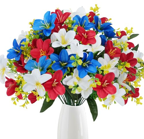 Jasmisy 6 Bundles Patriotic Artificial Flowers Red White and Blue Flowers Artificial Lily Flowers Silk Flowers for Outdoors for Memorial Day Home Spring Indoor Outside Porch Cemetery Grave Decoration