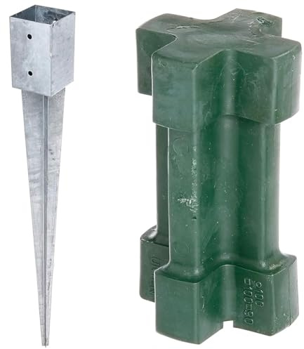 Alberts 211301 Einschlag-Bodenhülse | 91 x 91 mm, Gesamtlänge 900 mm und Alberts 211240 Einschlag-Werkzeug | 90 x 90 mm, 100 x 100 mm und Ø100 mm | Kunststoff, grün, feuerverzinkt