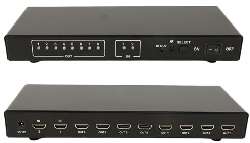 VBESTLIFE 2x8 HDMI-Umschalter, 2 in 8 Out 4K 60Hz HDMI-Splitter mit Fernbedienung für HDTV, PC, Projektor, DVD-Player, AV-Receiver, STB (EU-Stecker)