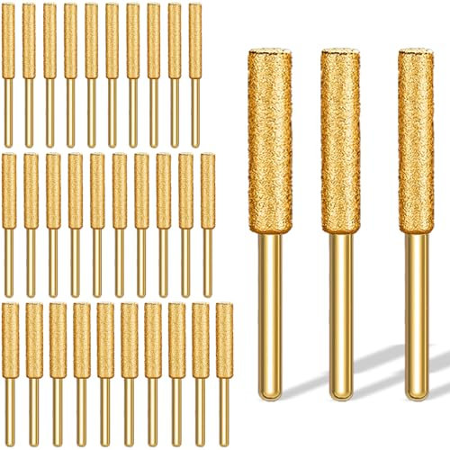 Jiozermi 30 Pcs 1/8 Chainsaw Sharpening Stones Diamond Chainsaw Sharpener Chainsaw Grinding Stone File Golden Chainsaw Accessories for Electric Diamond Sharpening Wheel(5/32'', 3/16'', 7/32'')