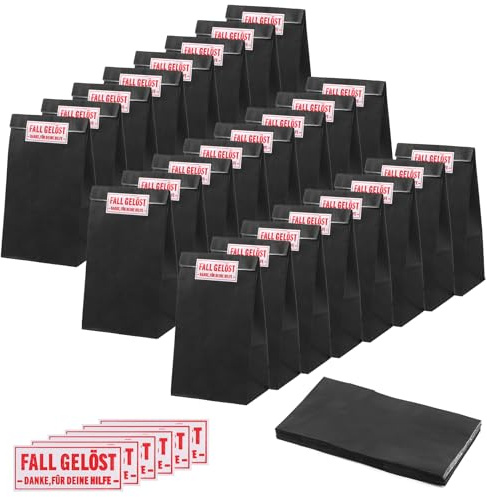 24 Stück Papiertüten zum Befüllen mit 24 Aufkleber Detektiv | Geschenktüten Kindergeburtstag, Geschenktasche Mitgebsel Tüten aus Kraftpapier, Schwarz Fall Gelöst Detektivparty