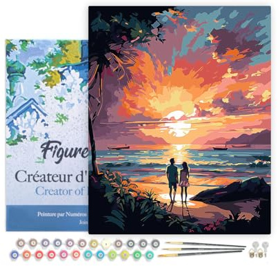 Figured'Art Peinture par Numéro Adulte avec Cadre Couple et coucher de soleil coloré - Activité Manuelle Kit de Loisir Créatif DIY Numéro d'Art Complet - 40x50cm toile tendue sur châssis