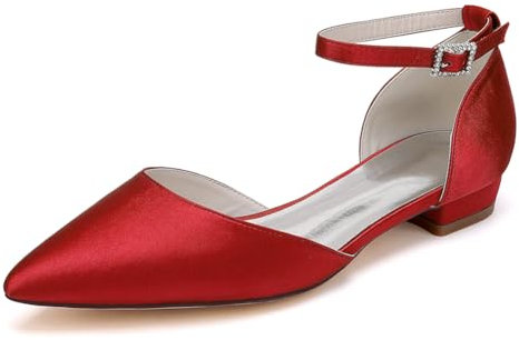OAUSZC Red,8.5 UK, Flat Bridal Shoes Women Ankle Strap Ballet Pumps Satin Closed Pointed Toe Wedding Dress Party Shoes 9107-09