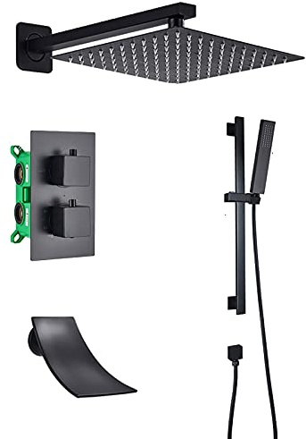 Système De Douche Ensemble De Robinet De Douche Thermostatique Noir Avec Bec De Baignoire Cascade, Ensemble Combiné De Douche Mural, Mitigeur En Laiton Avec Pomme De Douche, Douche À Main, Tige De L
