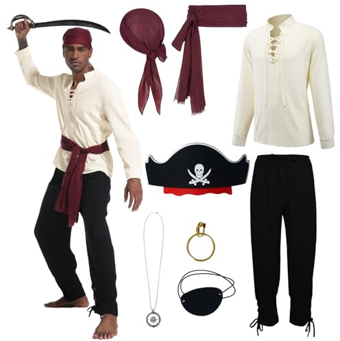 AJGEGJE Piratenkostüm Herren, 8 Stück Herren Piratin Kostüm Set mit Hemd, Lang Hose, Piraten Kopftuch, Gürtel, Halskette, für Halloween Karneval Cosplay (Weiß-1, XL)
