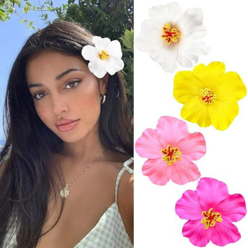 Kabwea 4 pinzas hawaianas para el pelo, diseño de flores de hibisco, pinza para el pelo con flores, pinza para el pelo con flor (blanco+amarillo+rojo+rosa)