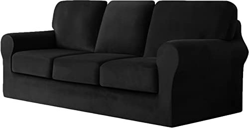 Stretch Velvet Sofa Couch Cover Set 3 Seater Slipcover with Separate Backrests and Cushions Elastic Band AntiSlip Furniture Protector for Home and Hotel Black