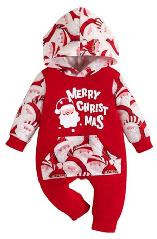 Yanmucy Pagliaccetto Neonato per Natale con cappuccio Bambino Ragazze Ragazzi Tutina natalizia per Body Natalizio Neonato Natale Abbigliamento complessivo 0-18 mesi (Rosso, 9-12 mesi)