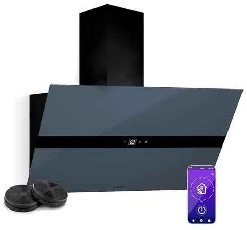 Klarstein WiFusion - Cappa da Cucina, 90cm, Cappa Aspirante, 690 m³/ora, Controllo WiFi & Touch, LED 6000-6500K, Efficienza Energetica A++, Motore: 110W, Grigio-Blu