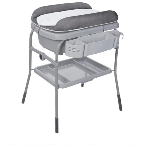 Chicco Cuddle & Bubble Bañera Bebé Ergonómica con Patas y Cambiador con Acolchado y Suave Reductor, Altura Regulable, Cierre Compacto, Organizador, Ocean Máx. 11 Kg, Gris, Graphite Melange