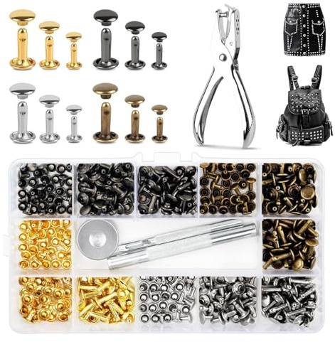 Exsbtay Leder Nieten Set,180 Set Hohlnieten mit Nietenzange und Lochzange 6mm 8mm 12mm Leder Nieten Metallniete Doppelkappe für DIY Handwerk Reperatur Dekoration Kleidung