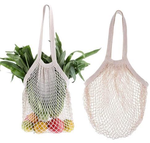 ZORVUJI Bolsa Red 2 Piezas Reutilizables de Algodón, Bolsa Malla con Asa Larga para Almacenamiento de Frutas y Verduras, Bolsas para la Compra Beige