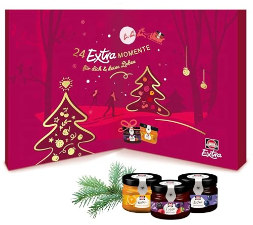 Schwartau Calendario de Adviento 2025, calendario de Navidad regalo con mini mermelada, mermelada, gelatina y miel, 24 frascos de fruta para untar y miel, set de degustación para Navidad, Adviento y