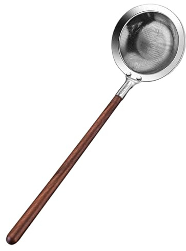 Mesh Skimmer Spoon, Stainless Steel Strainer, Anti-Scalding Handle, Sturdy Fine Mesh, Comfortable Grip Design, High Performance, Materiale Steel Wood 304, 11.02x3.03in