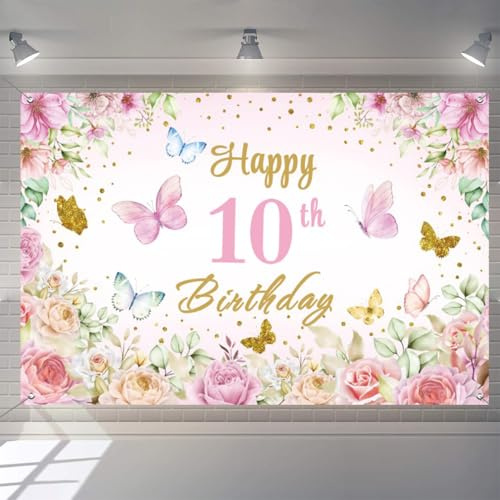 10. Geburtstag Deko Mädchen, Happy 10th Birthday Banner Blumen Stoff Schild Plakat Türdekoration, 10. Geburtstag Hintergrund Banner, Geburtstagsfeier Willkommensschild